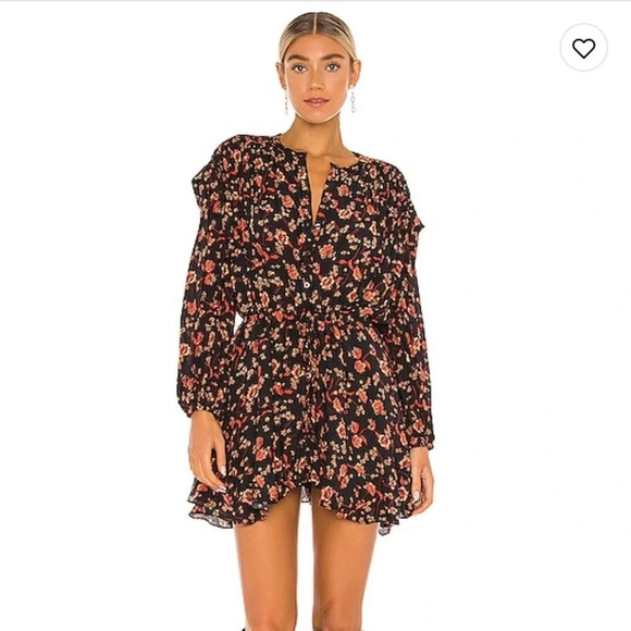 Free People Dresses & Skirts - Free People | Flower Fields Black & Orange Floral Print Long Sleeve Mini Dress M